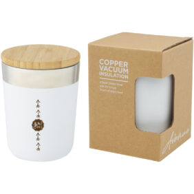 Lagan 330 ml copper vacuum insulated stainless steel tumbler with bamboo lid – White with logo