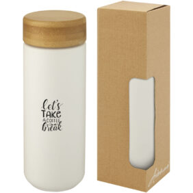 Lumi 300 ml ceramic tumbler with bamboo lid – White with logo