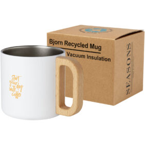 Bjorn 360 ml RCS certified recycled stainless steel mug with copper vacuum insulation – White with logo