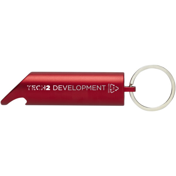 Flare RCS recycled aluminium IPX LED light and bottle opener with keychain – Red with logo