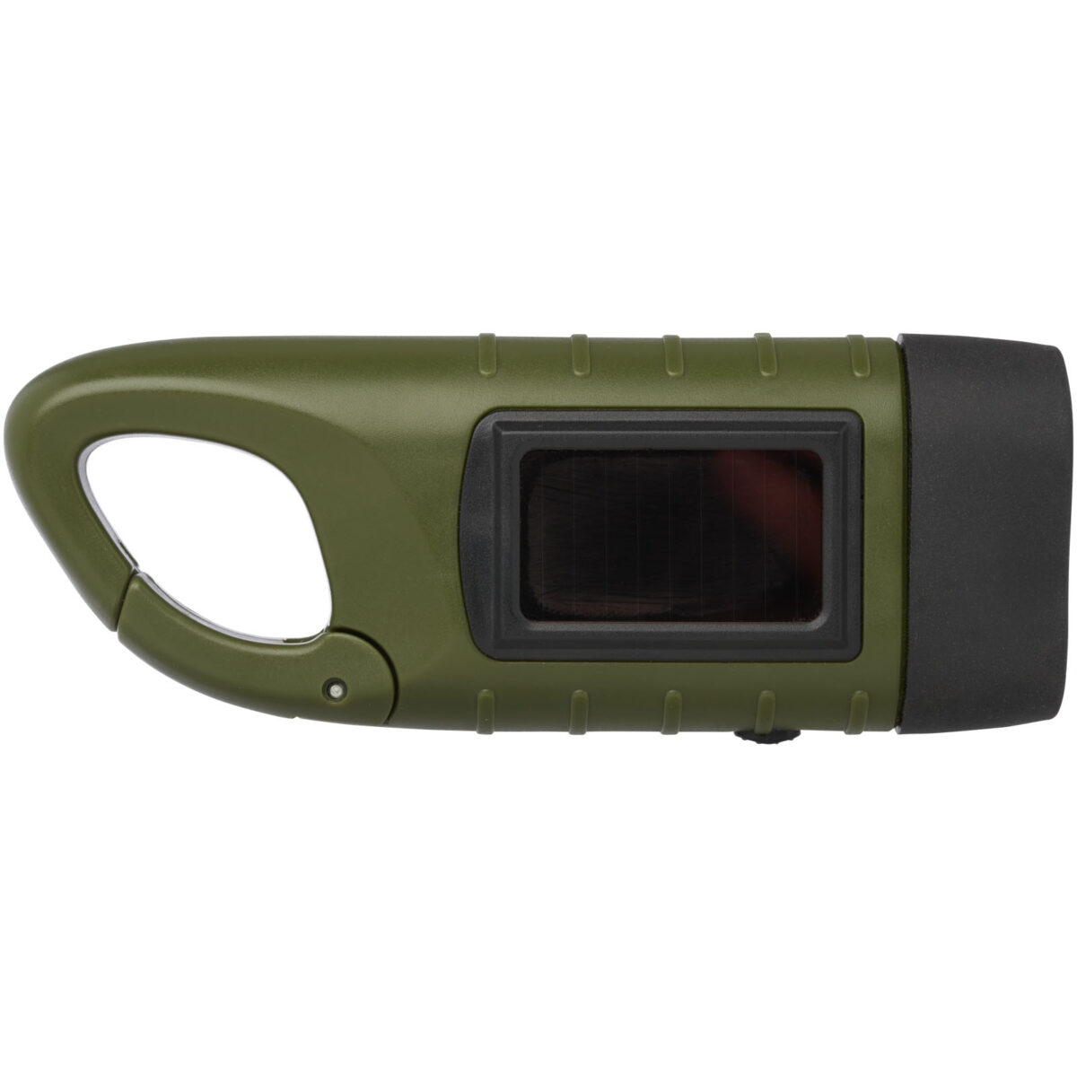 Helios recycled plastic solar dynamo flashlight with carabiner – Army green back view