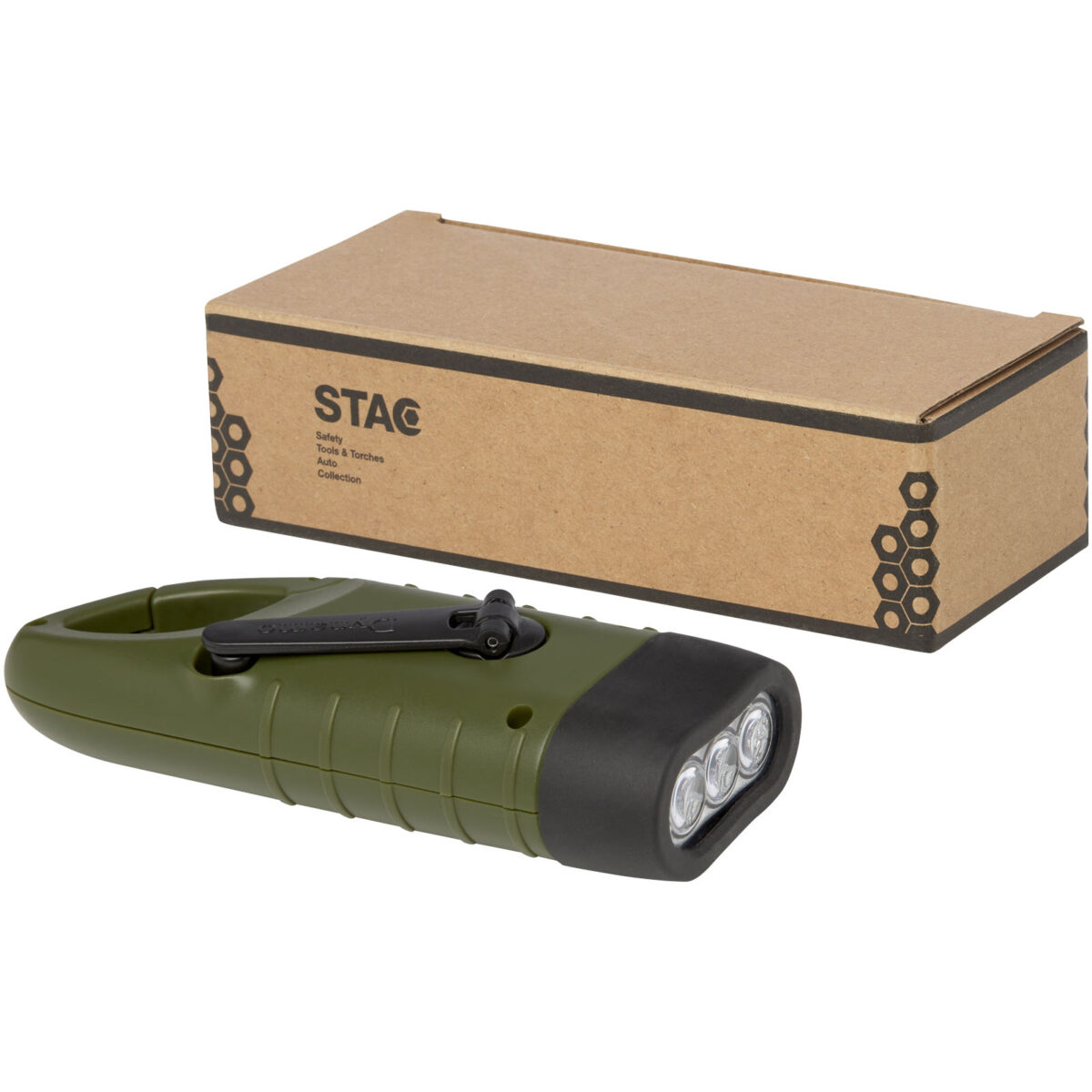 Helios recycled plastic solar dynamo flashlight with carabiner – Army green extra view