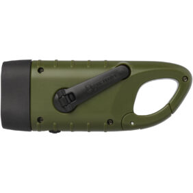 Helios recycled plastic solar dynamo flashlight with carabiner – Army green front view