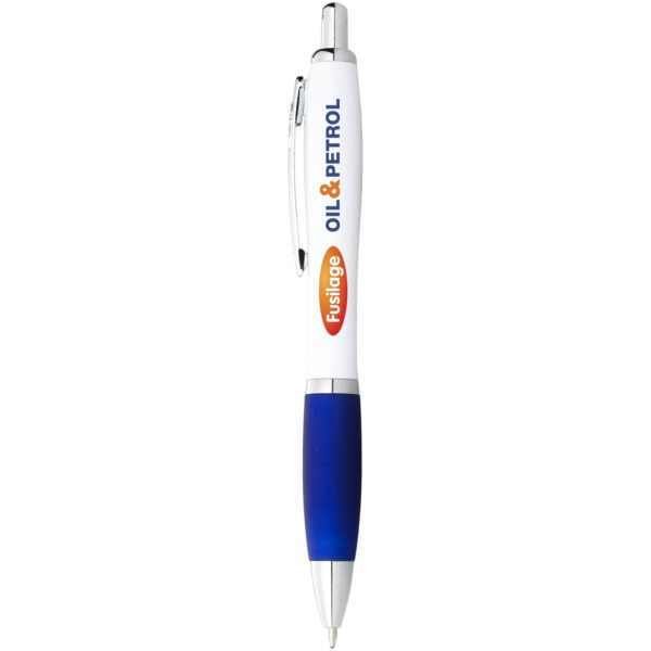 Nash ballpoint pen with white barrel and coloured grip (black ink) – White with logo