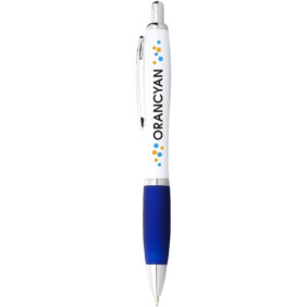 Nash ballpoint pen white barrel and coloured grip (blue ink) – White with logo