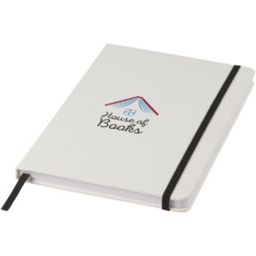Spectrum A5 white notebook with coloured strap – White with logo