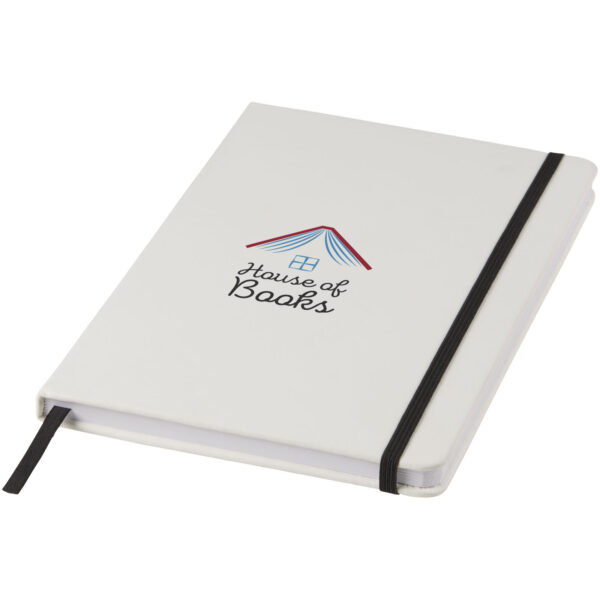 Spectrum A5 white notebook with coloured strap – White with logo