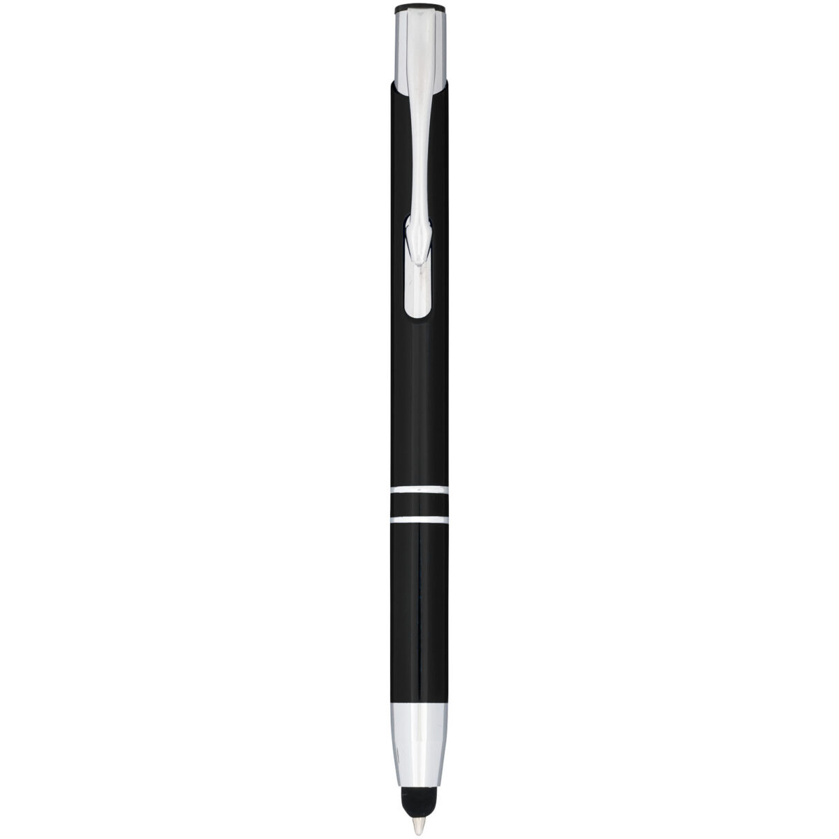 Moneta anodized aluminium click stylus ballpoint pen (blue ink) – Solid black front view