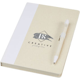 Dairy Dream A5 size reference recycled milk cartons notebook and ballpoint pen set – White with logo