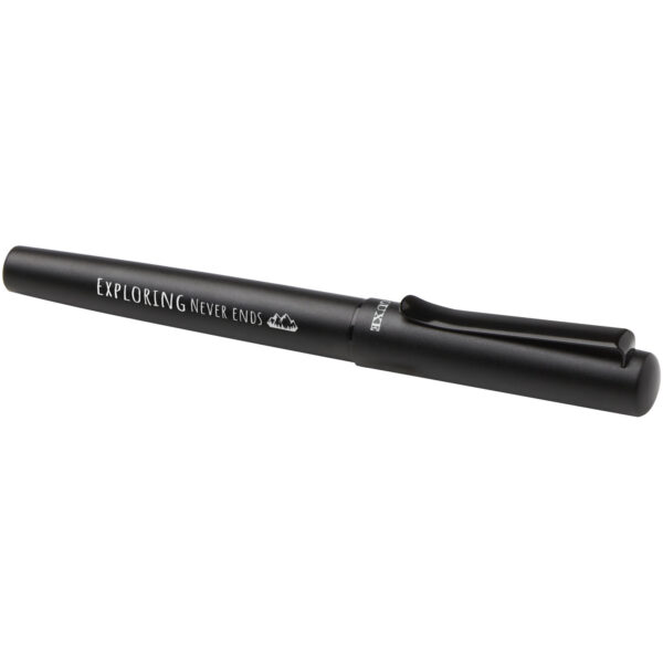 Lucetta recycled aluminium fountain pen (black ink) – Solid black with logo