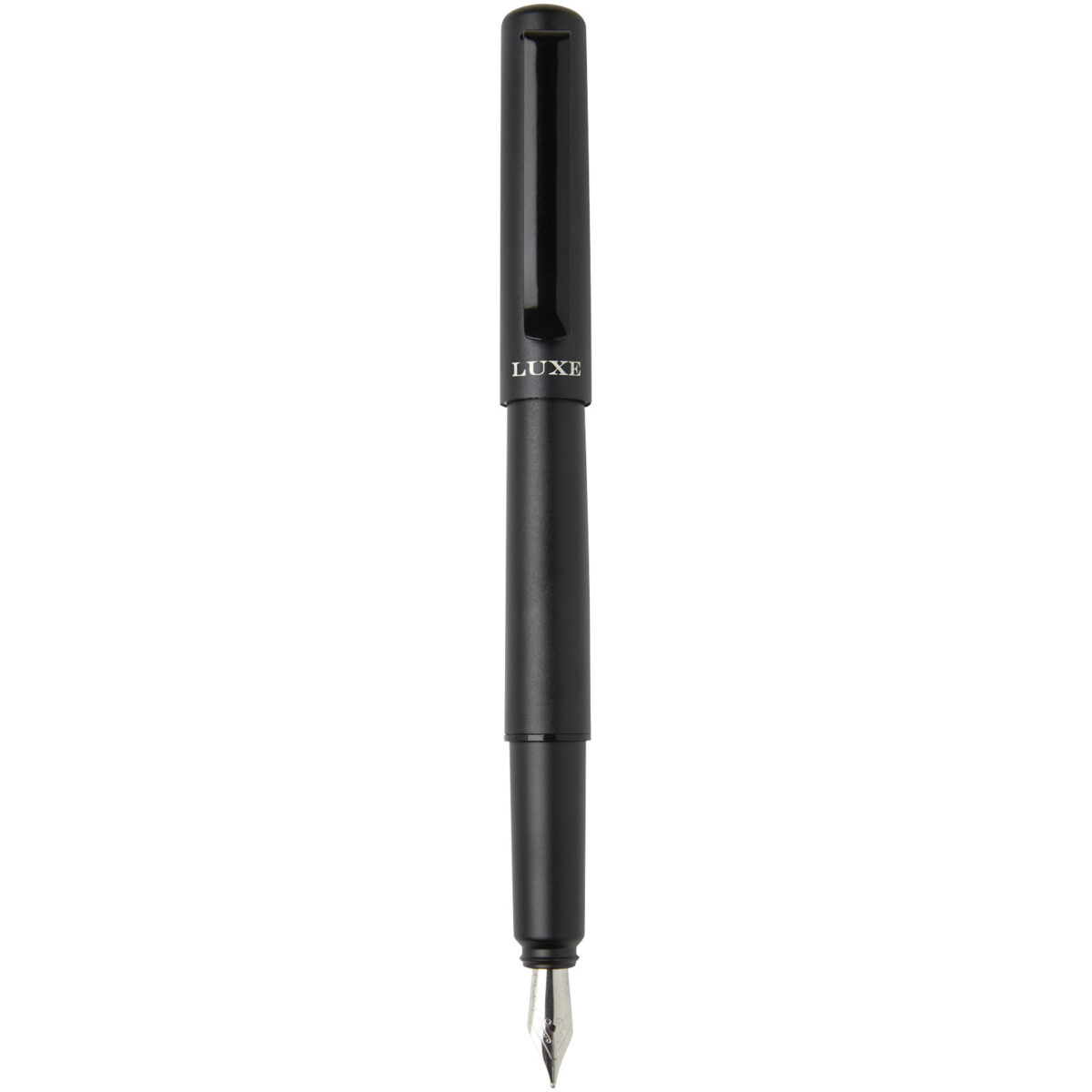 Lucetta recycled aluminium fountain pen (black ink) – Solid black front view