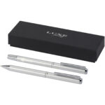Lucetto recycled aluminium ballpoint and rollerball pen gift set (black ink) – Silver with logo
