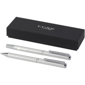 Lucetto recycled aluminium ballpoint and rollerball pen gift set (black ink) – Silver with logo