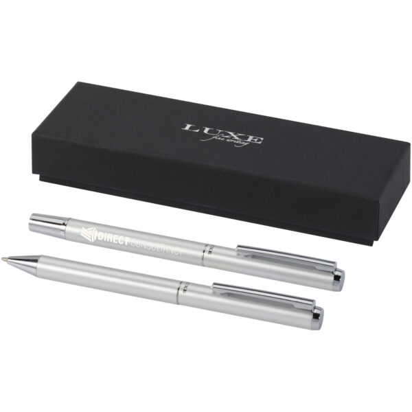 Lucetto recycled aluminium ballpoint and rollerball pen gift set (black ink) – Silver with logo
