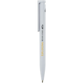 Unix recycled plastic ballpoint pen (black ink) – White with logo
