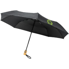 Bo 21" foldable auto open/close recycled PET umbrella – Solid black with logo