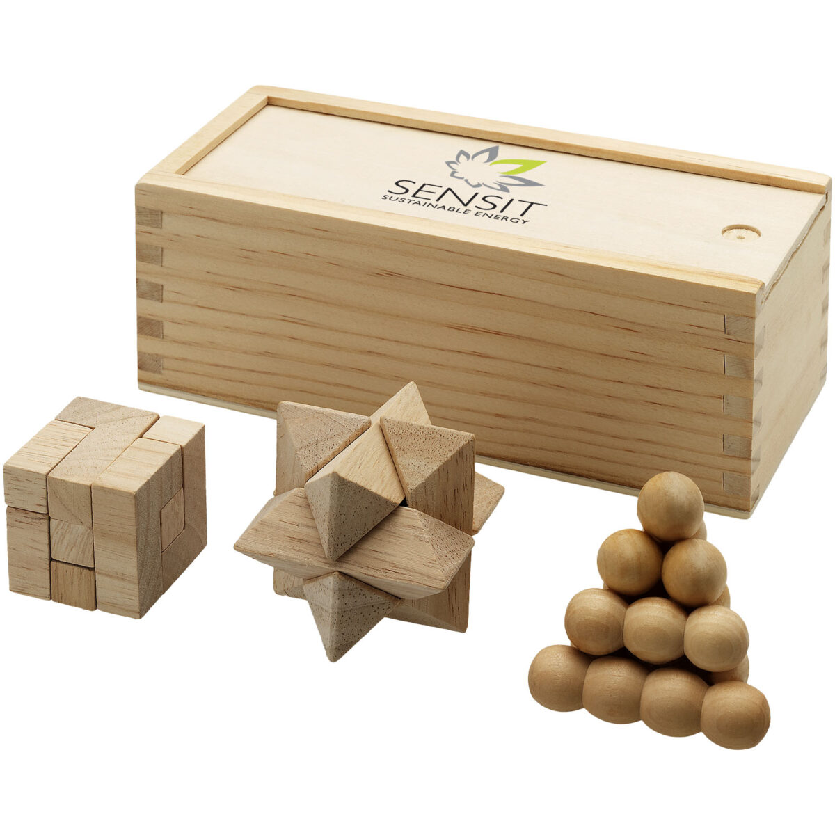 Brainiac 3-piece wooden brain teaser set – Natural with logo