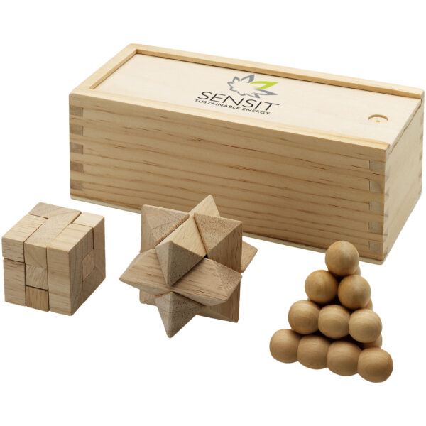 Brainiac 3-piece wooden brain teaser set – Natural with logo