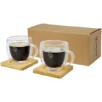 Manti 2-piece 250 ml double-wall glass cup with bamboo coaster – Transparent with logo