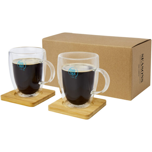 Manti 2-piece 350 ml double-wall glass cup with bamboo coaster – Transparent with logo
