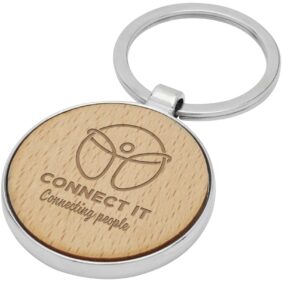 Moreno beech wood round keychain – Natural with logo
