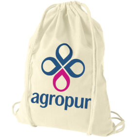 Oregon 100 g/m² cotton drawstring bag 5L – Natural with logo