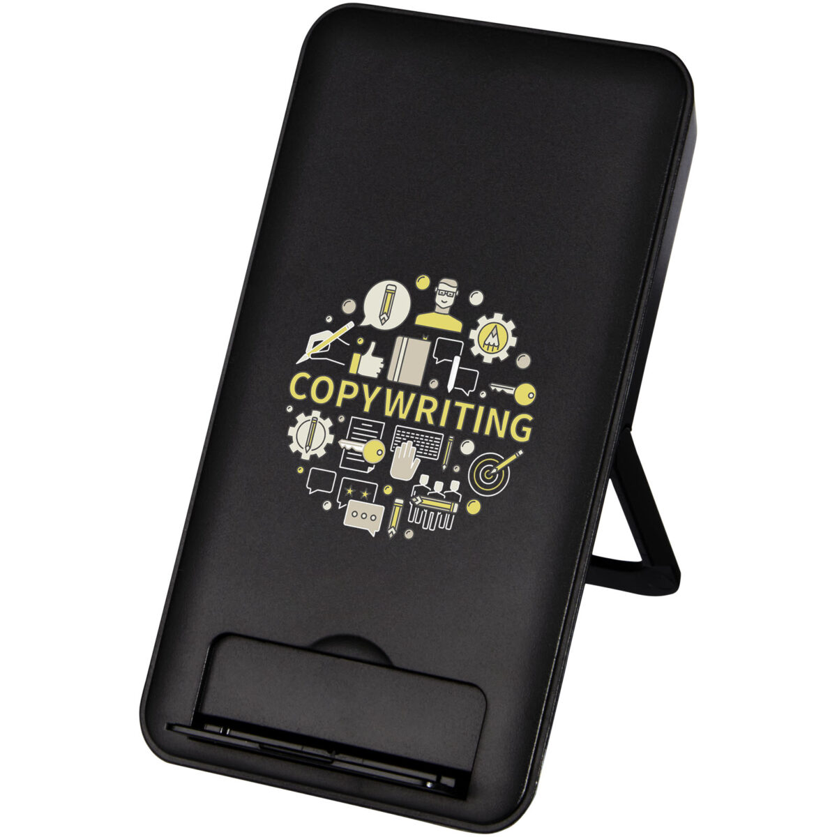 Loop 10W recycled plastic wireless charging pad with phone stand – Solid black with logo