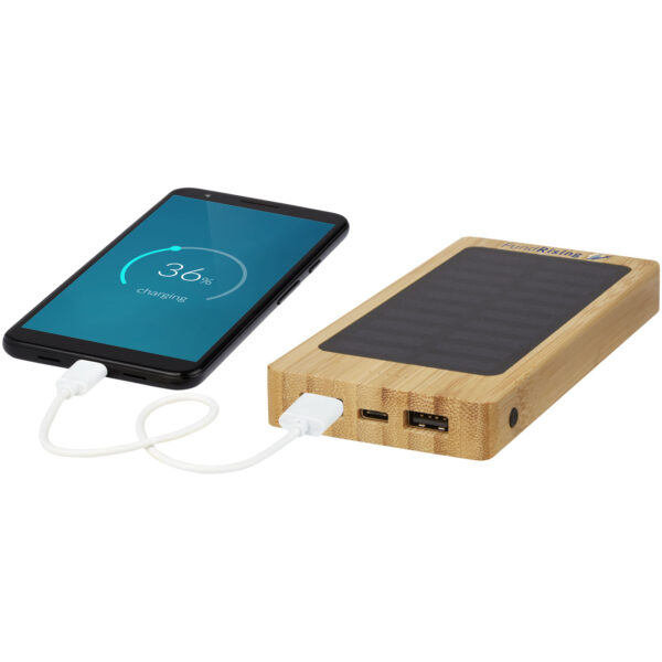 Alata 8000 mAh bamboo solar power bank – Beige with logo