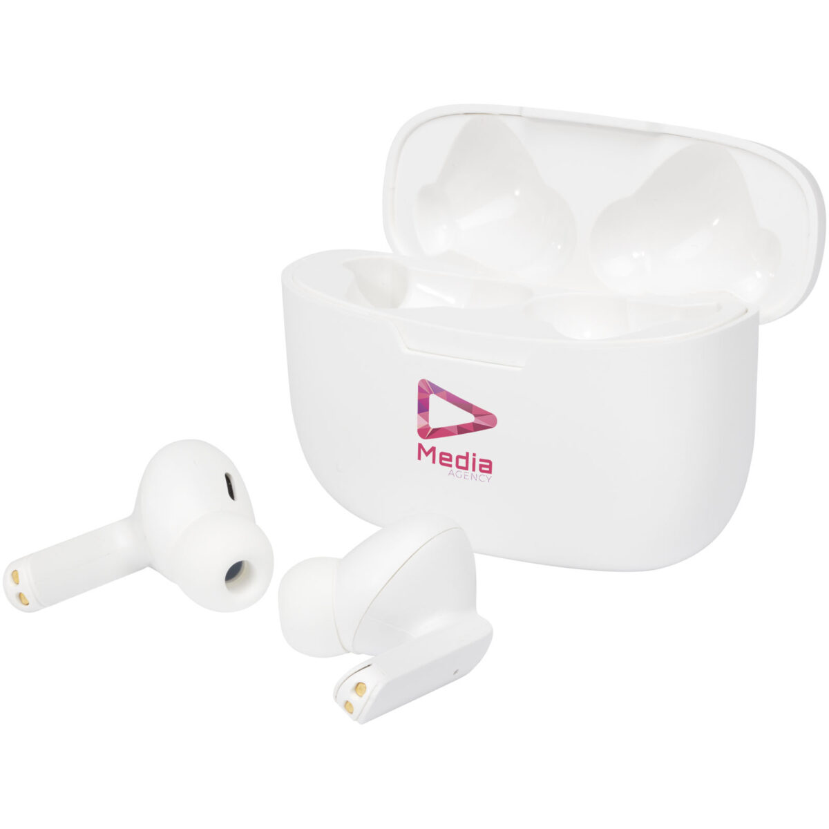 Essos 2.0 True Wireless auto pair earbuds with case – White with logo
