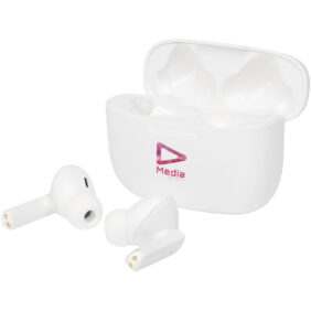 Essos 2.0 True Wireless auto pair earbuds with case – White with logo