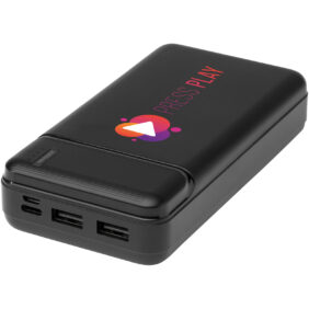 Loop 20.000 mAh recycled plastic power bank – Solid black with logo