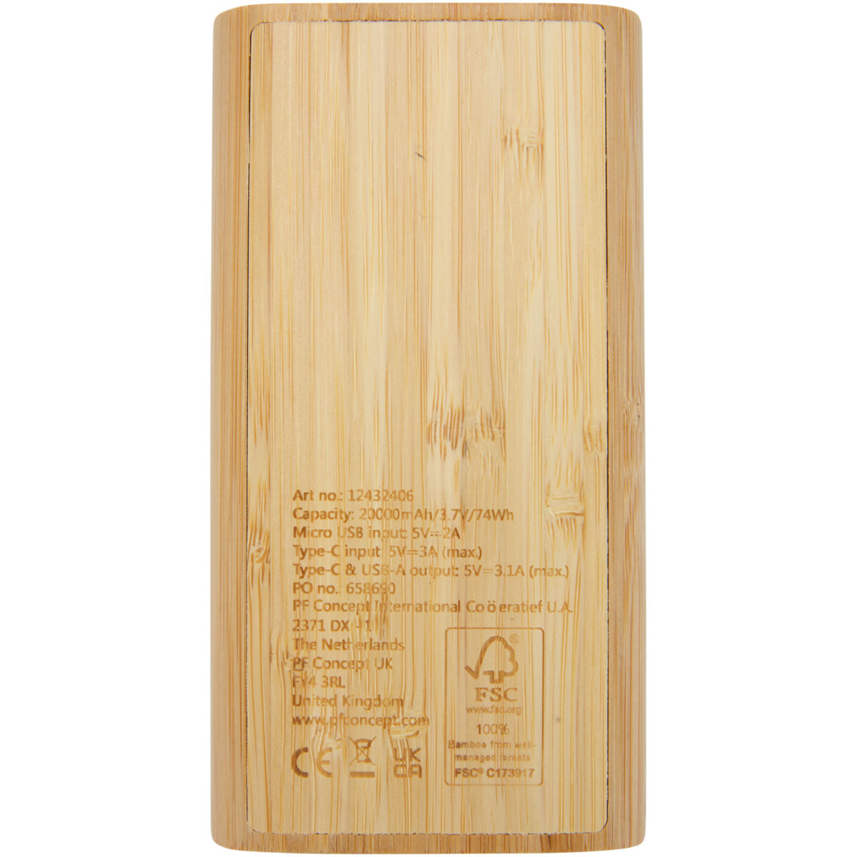 Tulda 20.000 mAh bamboo power bank – Natural back view