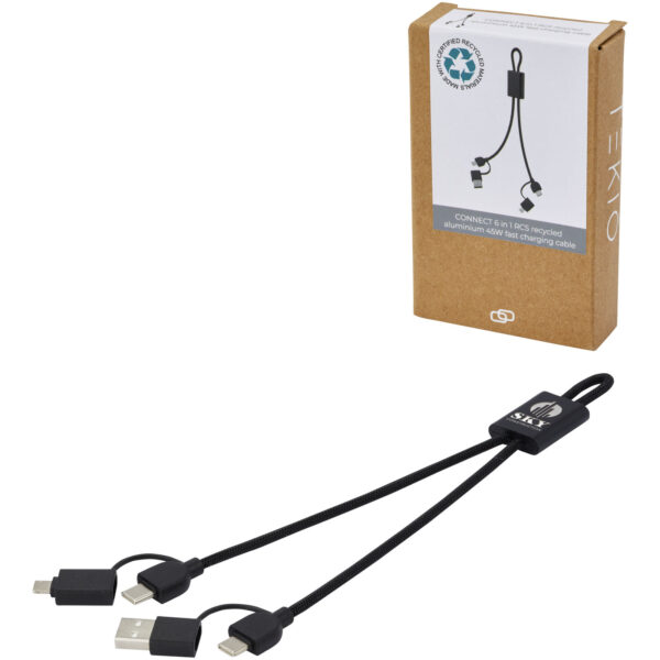 Connect 6-in-1 RCS recycled aluminium 45W quick charge & data transfer cable – Solid black with logo