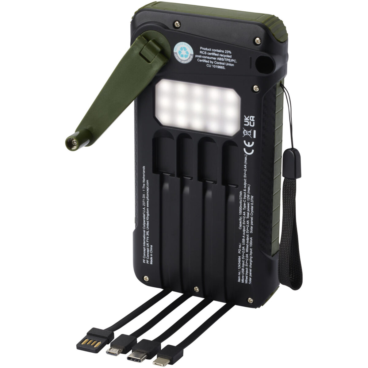 Soldy 10.000 mAh RCS recycled plastic solar dynamo power bank – Army green extra view
