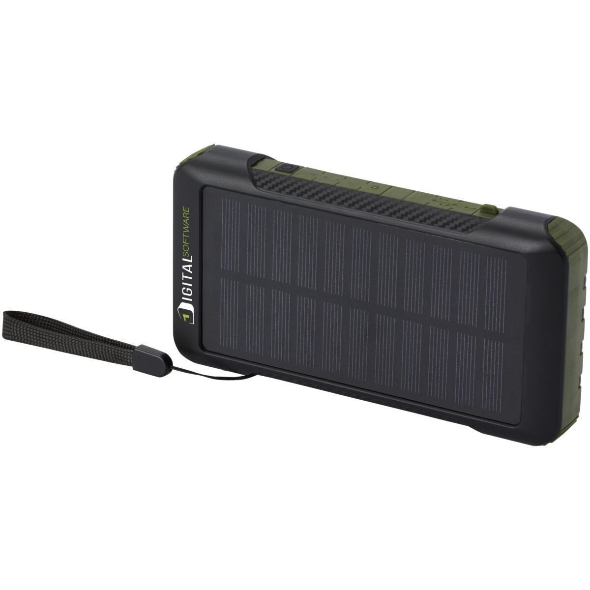 Soldy 10.000 mAh RCS recycled plastic solar dynamo power bank – Army green with logo