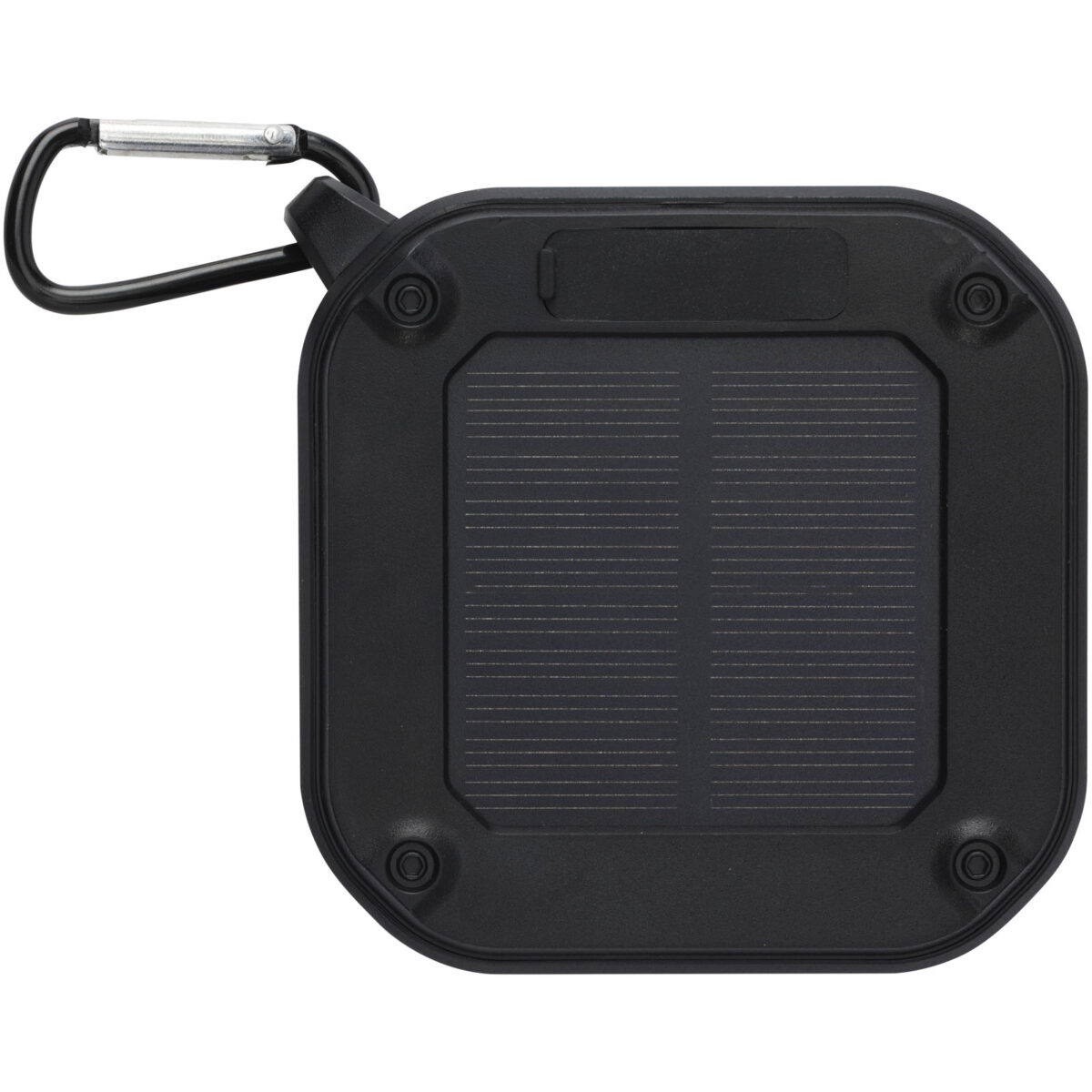 Solo 3W IPX5 RCS recycled plastic solar Bluetooth® speaker with carabiner – Solid black back view