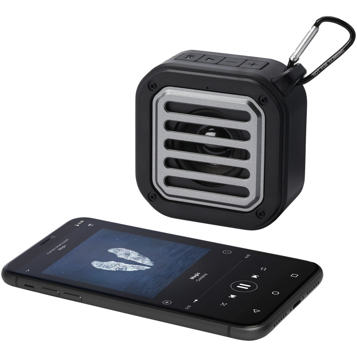 Solo 3W IPX5 RCS recycled plastic solar Bluetooth® speaker with carabiner – Solid black extra view