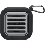 Solo 3W IPX5 RCS recycled plastic solar Bluetooth® speaker with carabiner – Solid black front view