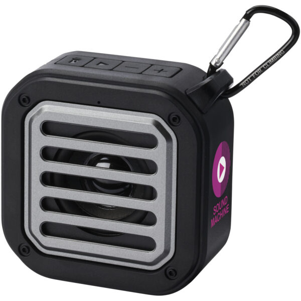 Solo 3W IPX5 RCS recycled plastic solar Bluetooth® speaker with carabiner – Solid black with logo