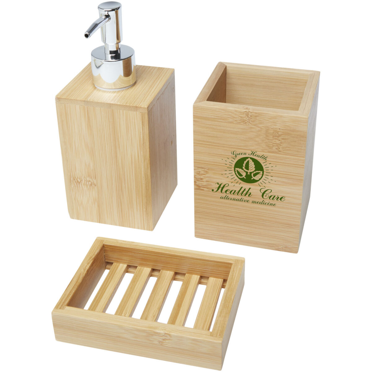 Hedon 3-piece bamboo bathroom set – Natural with logo