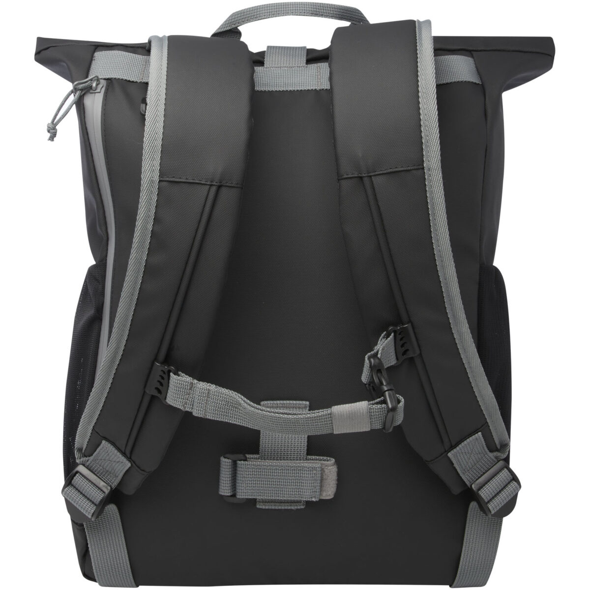 Aqua 15" GRS recycled water resistant roll-top bike bag 20L – Solid black back view