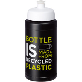 Baseline 500 ml recycled sport bottle – Solid black with logo