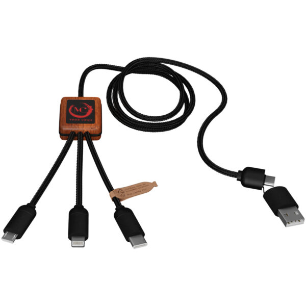 SCX.design C38 40W 5-in-1 rPET light-up logo charging cable with squared wooden casing – Red with logo