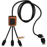SCX.design C38 40W 5-in-1 rPET light-up logo charging cable with squared wooden casing – Red front view