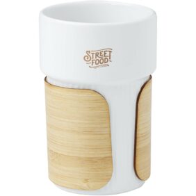 Fika 340 ml tumbler with bamboo sleeve – White with logo