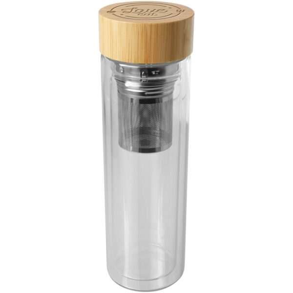 Bailey 400 ml borsilicate glass infuser bottle with bamboo lid – Transparent clear with logo