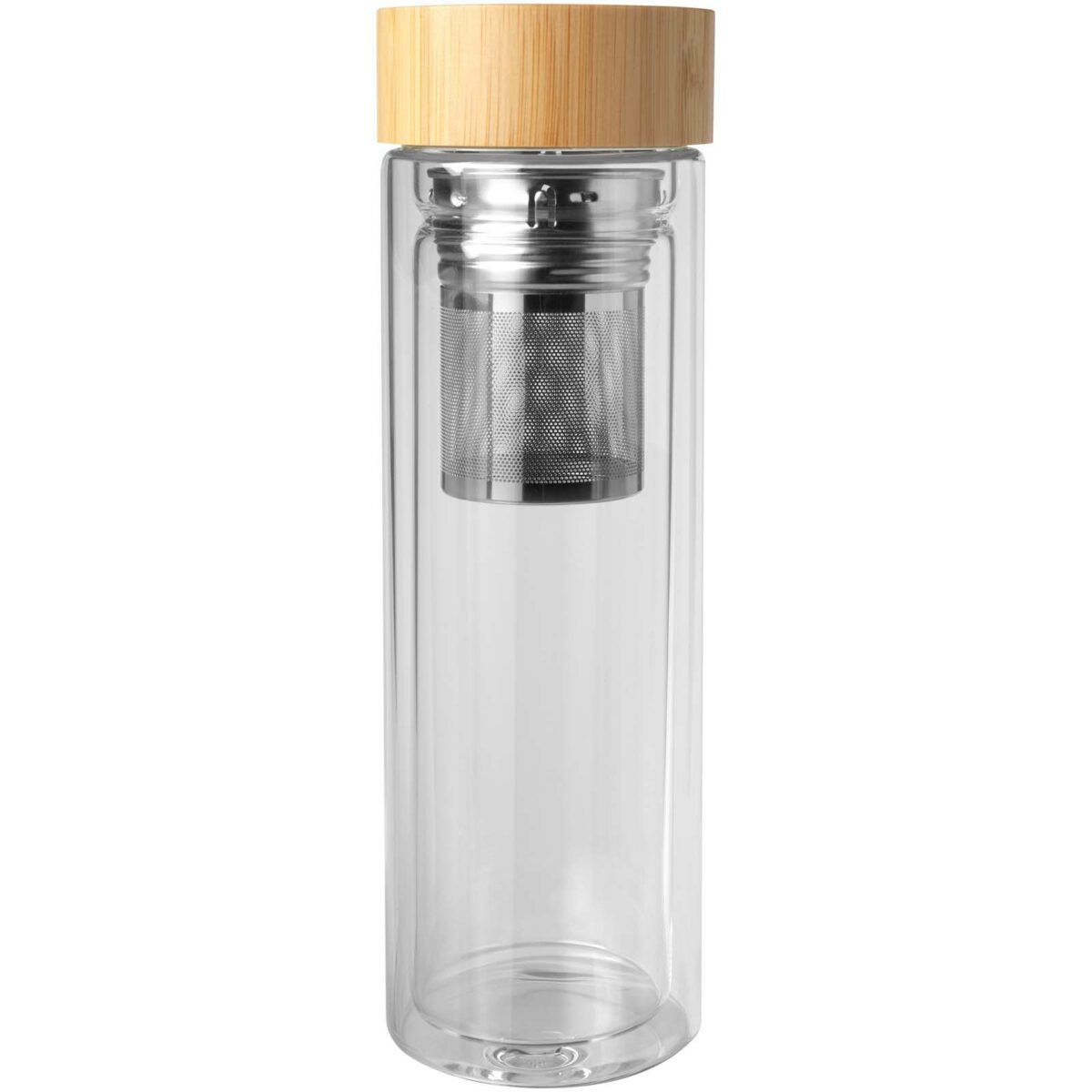 Bailey 400 ml borsilicate glass infuser bottle with bamboo lid – Transparent clear front view