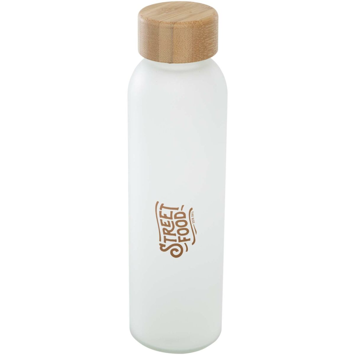 Lume 500 ml matte soda lime glass bottle with bamboo lid – White with logo
