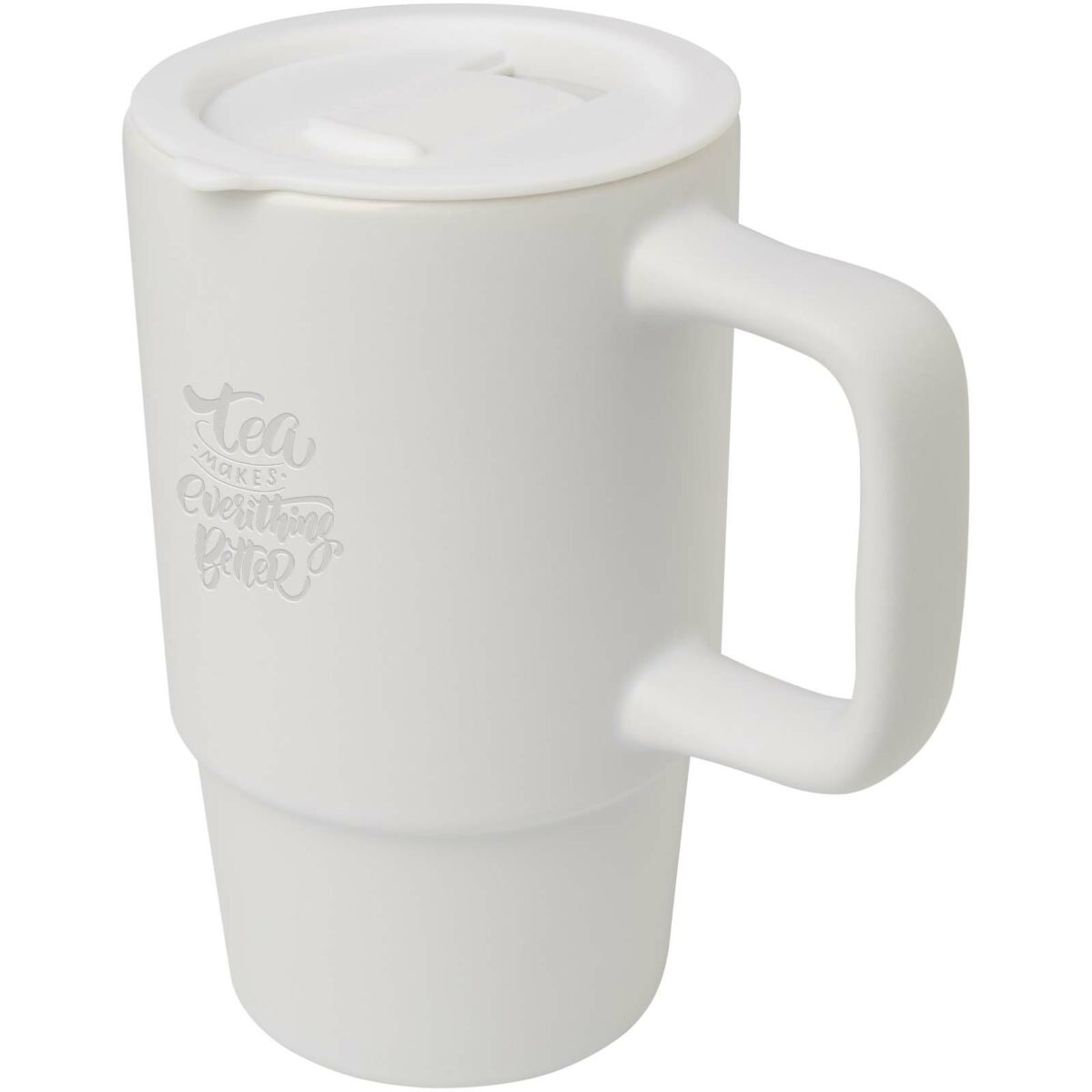 Carter 450 ml ceramic mug with plastic lid – White with logo