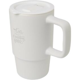 Carter 450 ml ceramic mug with plastic lid – White with logo